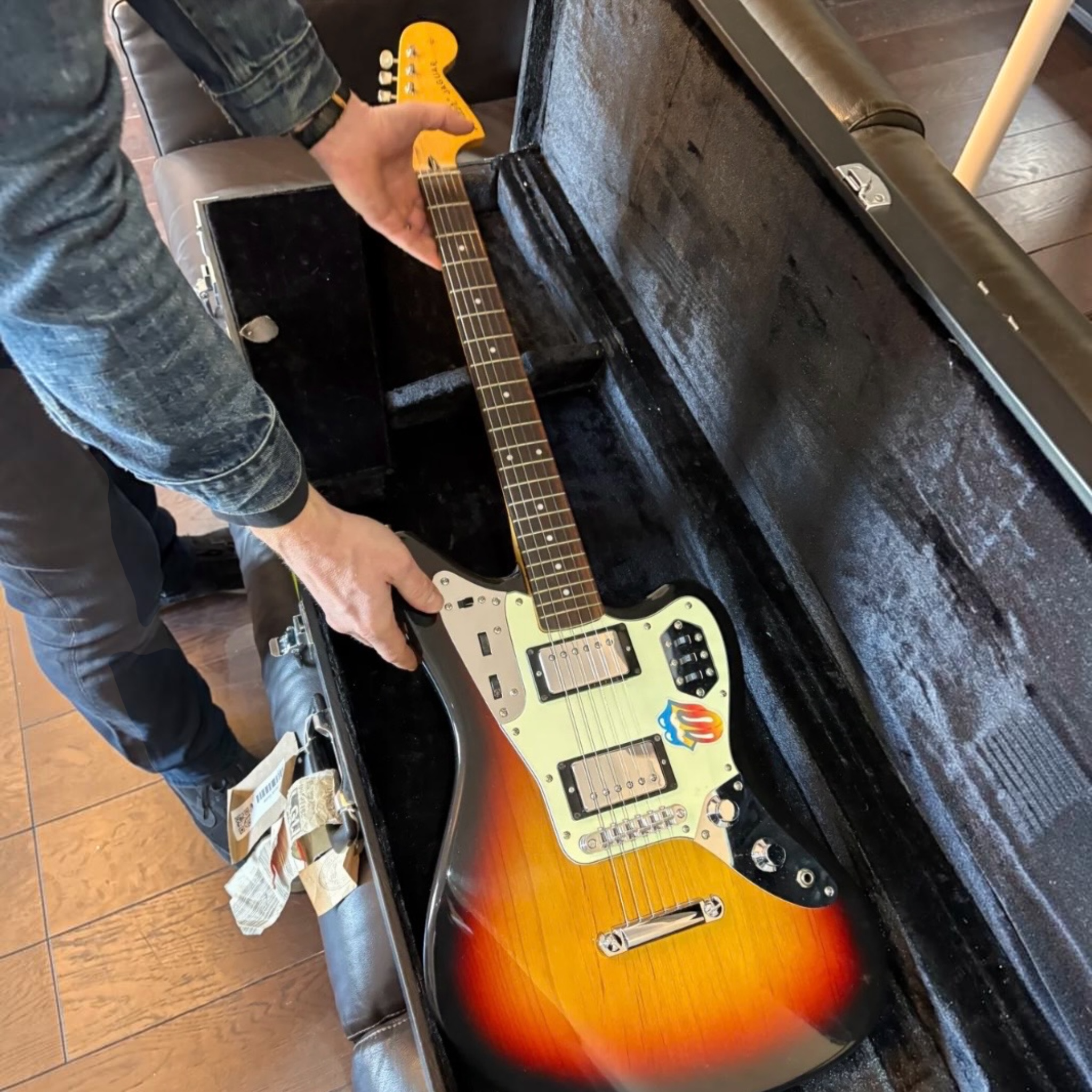 Noel Gallagher’s Fender Jaguar, Studio and Stage used most famously at the Hogmanay gig in Edinburgh with Kasabian, 2008. - SOLD!
