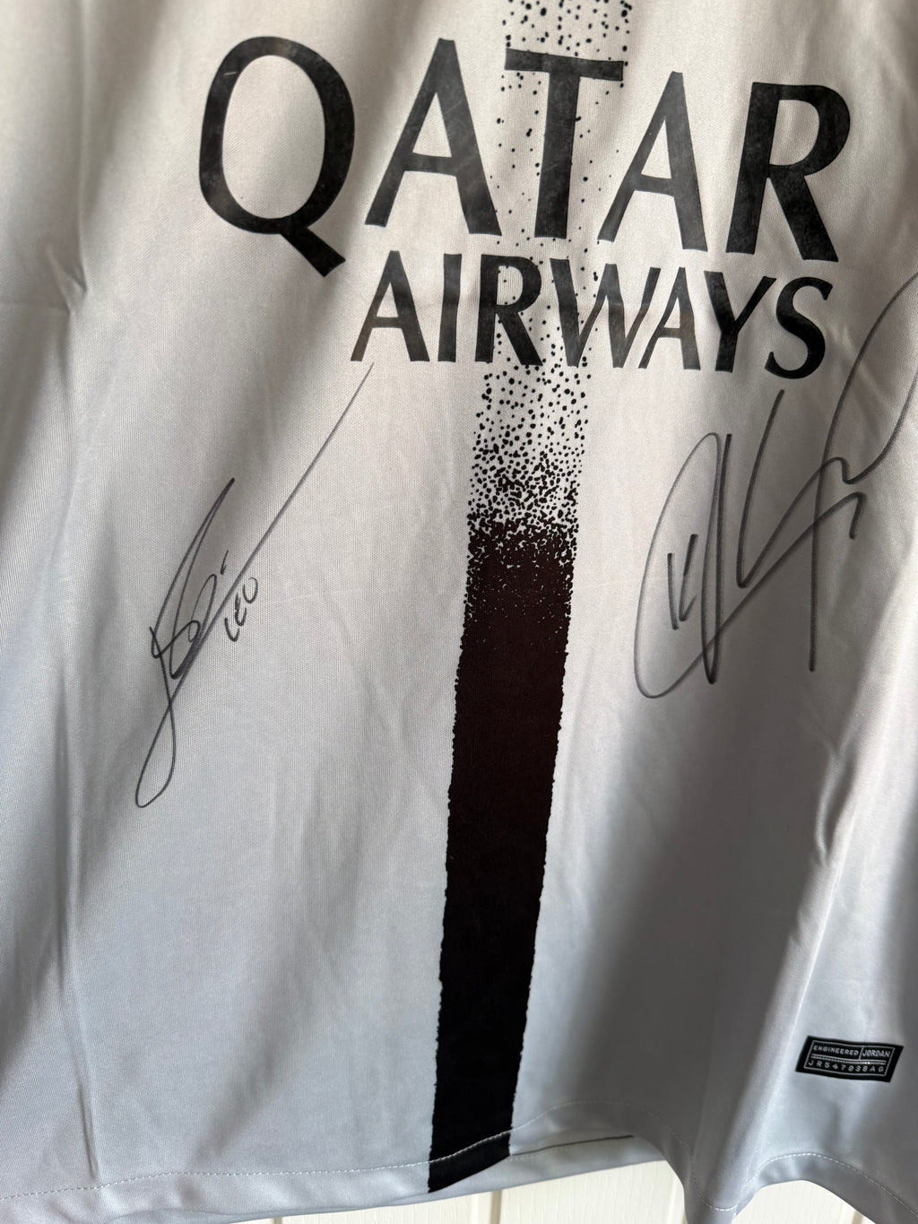 Lionel Messi & Kylian Mbappe Hand Signed Paris Saint Germain (PSG) 2022-23 Season Official Away shirt (Front Signed)